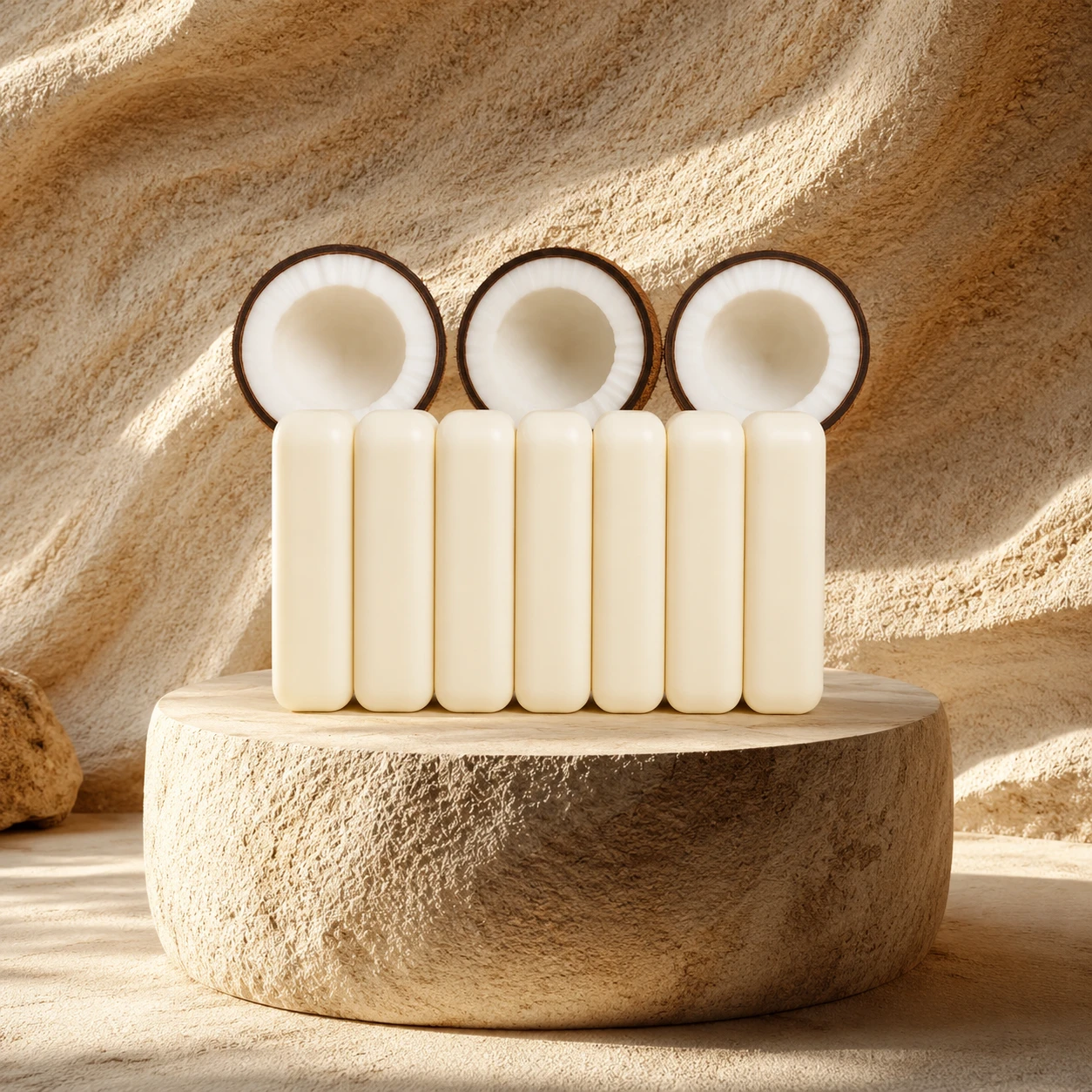 Coconut soap bars on stone