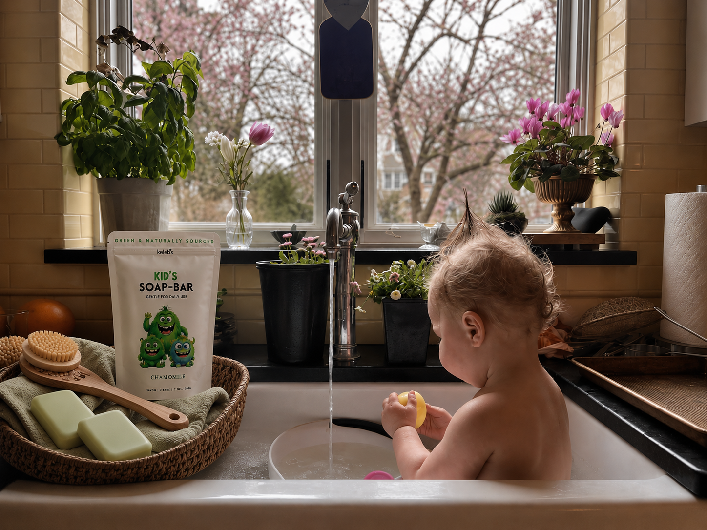 Baby at sink with chamomile soap