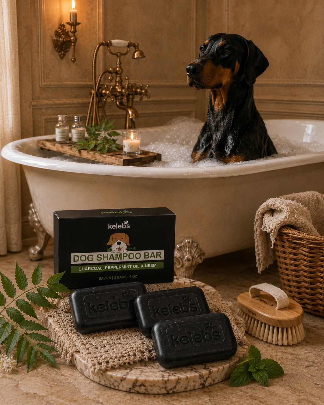 Doberman in bathtub with charcoal shampoo