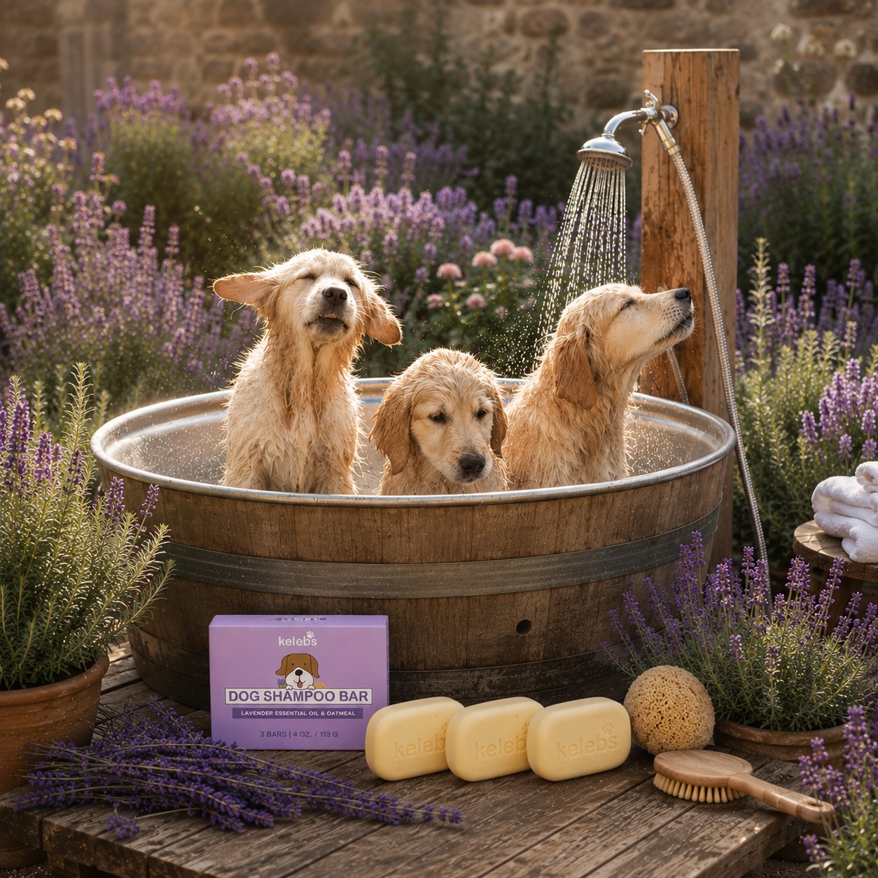 Dogs bathing with lavender shampoo
